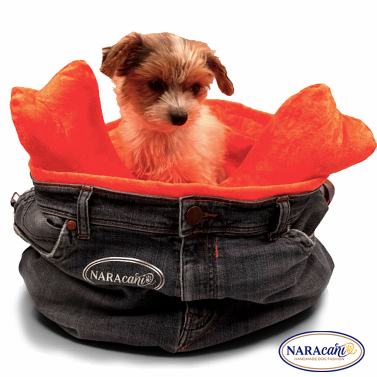 Nahaufnahme: Hund in der Jeans-Tragetasche mit orangem Fellrand und NARAcani-Label