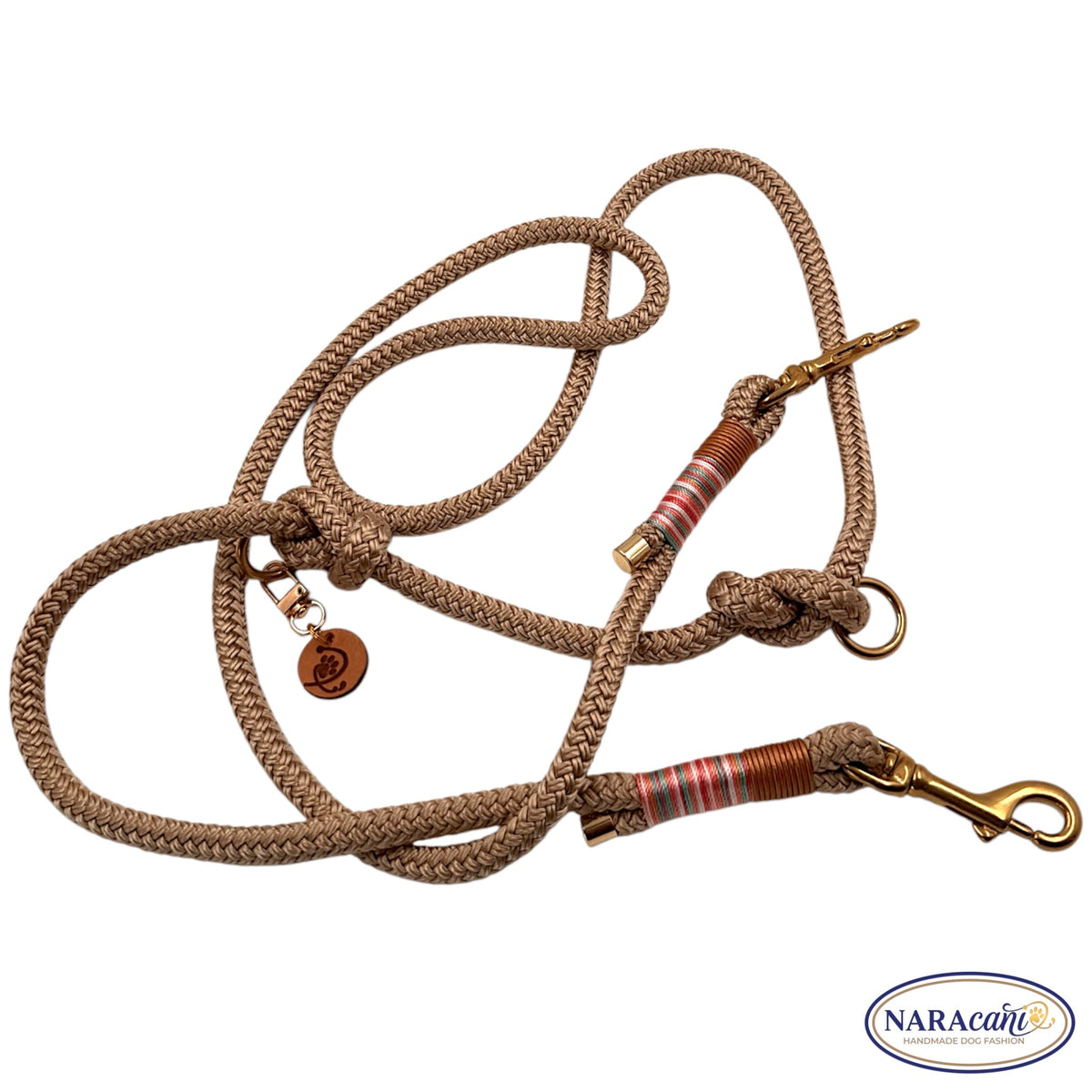 Multifunktionsleine Beige-Gold, Detail Karabiner und Takelung – Teil des Sets – NARAcani