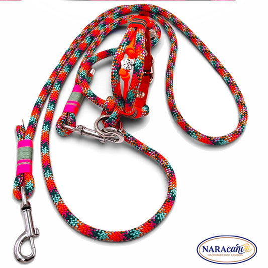 Multifunktionsleine aus buntem Bohemian-Paracord mit silberfarbenen Karabinern, Gesamtansicht