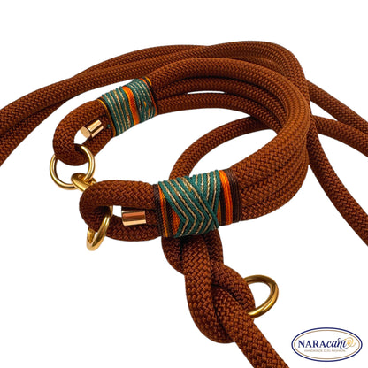 Goldener Karabiner und O-Ring an der Multifunktionsleine in Schoko-Braun