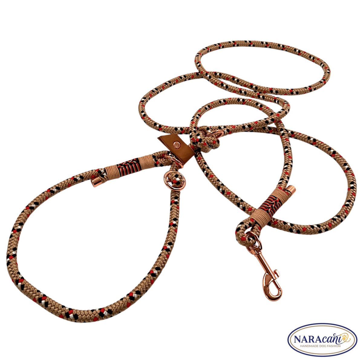 Retrieverleine aus Paracord im beigen Karomuster mit integriertem Zugstop-Halsband, Gesamtansicht