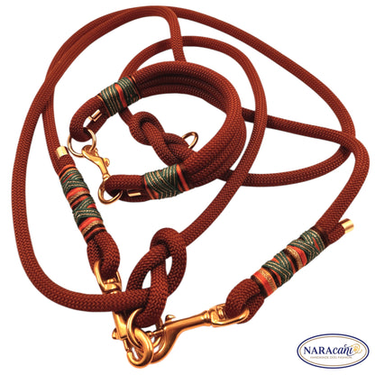 Sparset aus Tau-Halsband und Multifunktionsleine in Schoko-Braun mit goldenen Beschlägen