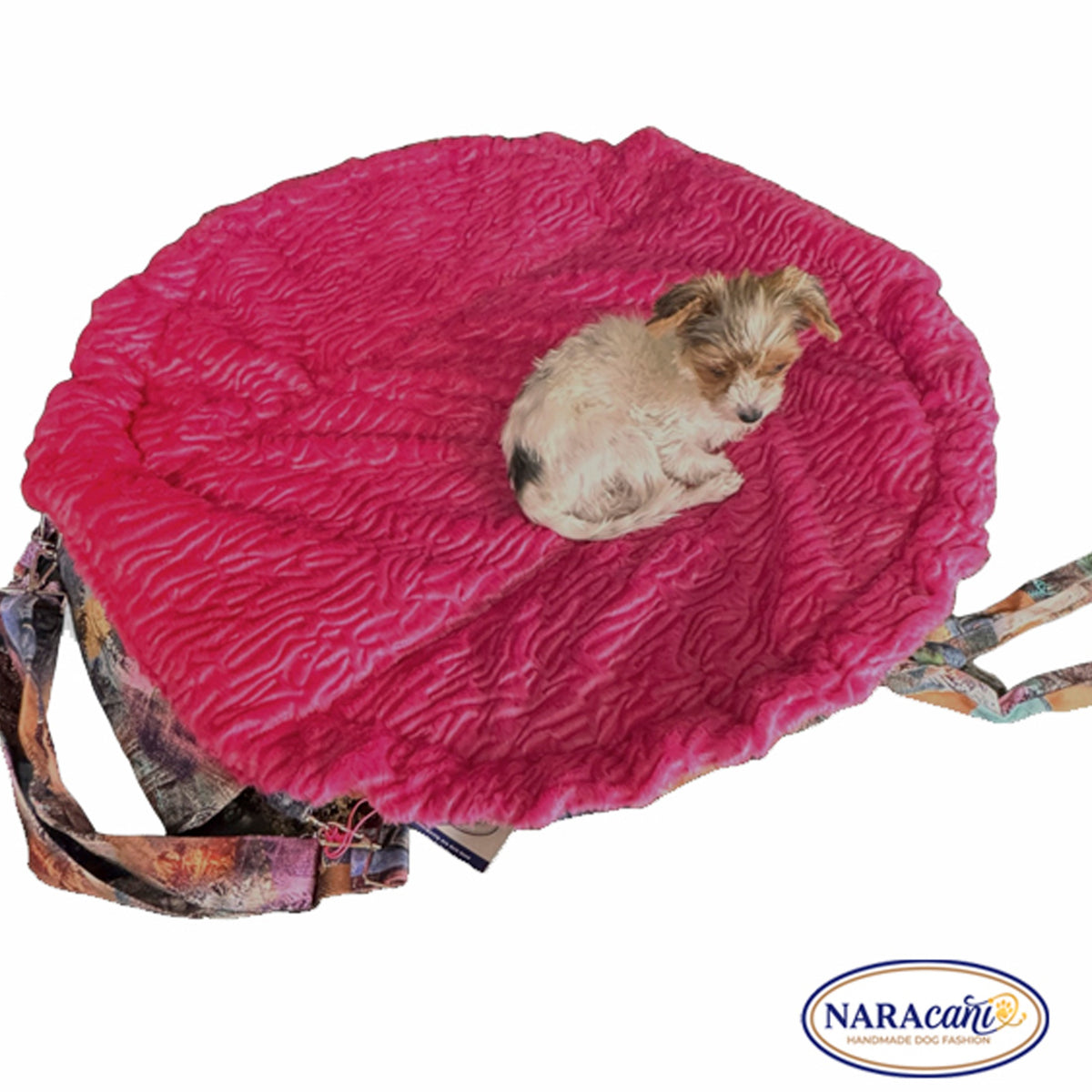 Rückansicht der Hundetragetasche Teddy's Love in Jeans-Patchwork und Pink